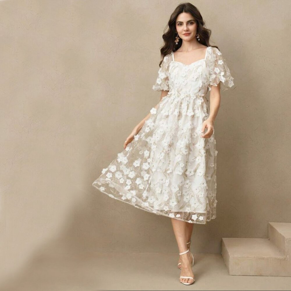 ANEWSTA FLORAL WHITE GOLD ROMANTIC MIDI DRESS ELEGANT ETHEREAL BLOOMCORE MED